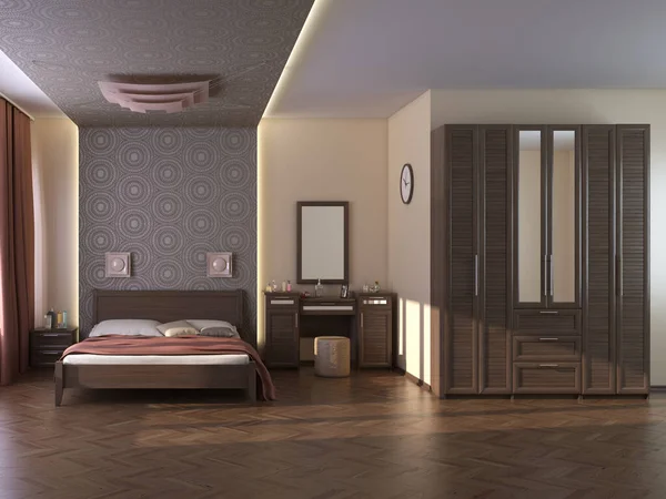 Modernes Schlafzimmerinterieur Mit Beigen Wänden Terra Cotta Vorhängen Damentisch Bett — Stockfoto