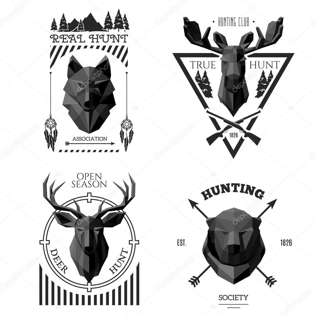 Hunting head labels. Origami animals in the center of logo. Hunting society label. Polygonal vector illustration