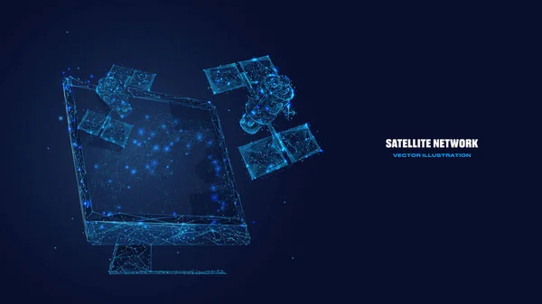 Abstrakte Low-Poly-Satelliten und Computerbildschirm — Stockvektor