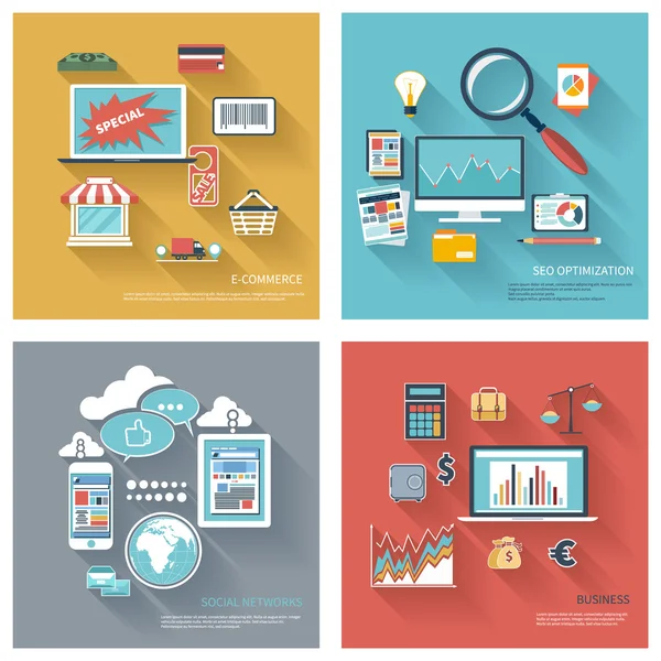 Seo, red social, e-commerce, business flat — Vector de stock