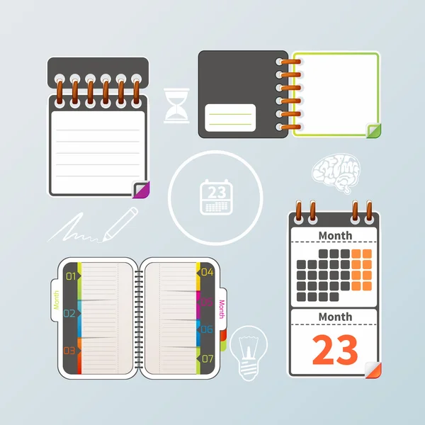 Cuaderno colorido y conjunto de calendario — Vector de stock