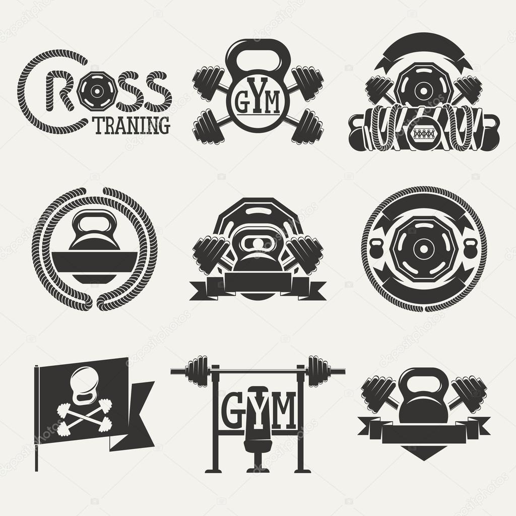 Set logos consisting of dumbbells, barbells and a rope. Cross fitness and gym zal.Vektor illustration