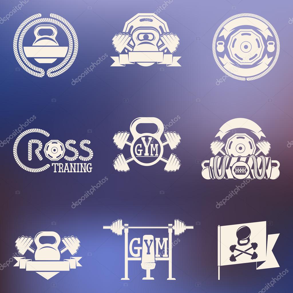 Logos consisting of dumbbells, barbells and rope on a colored background . Cross fitness and gym.Vektor illustration