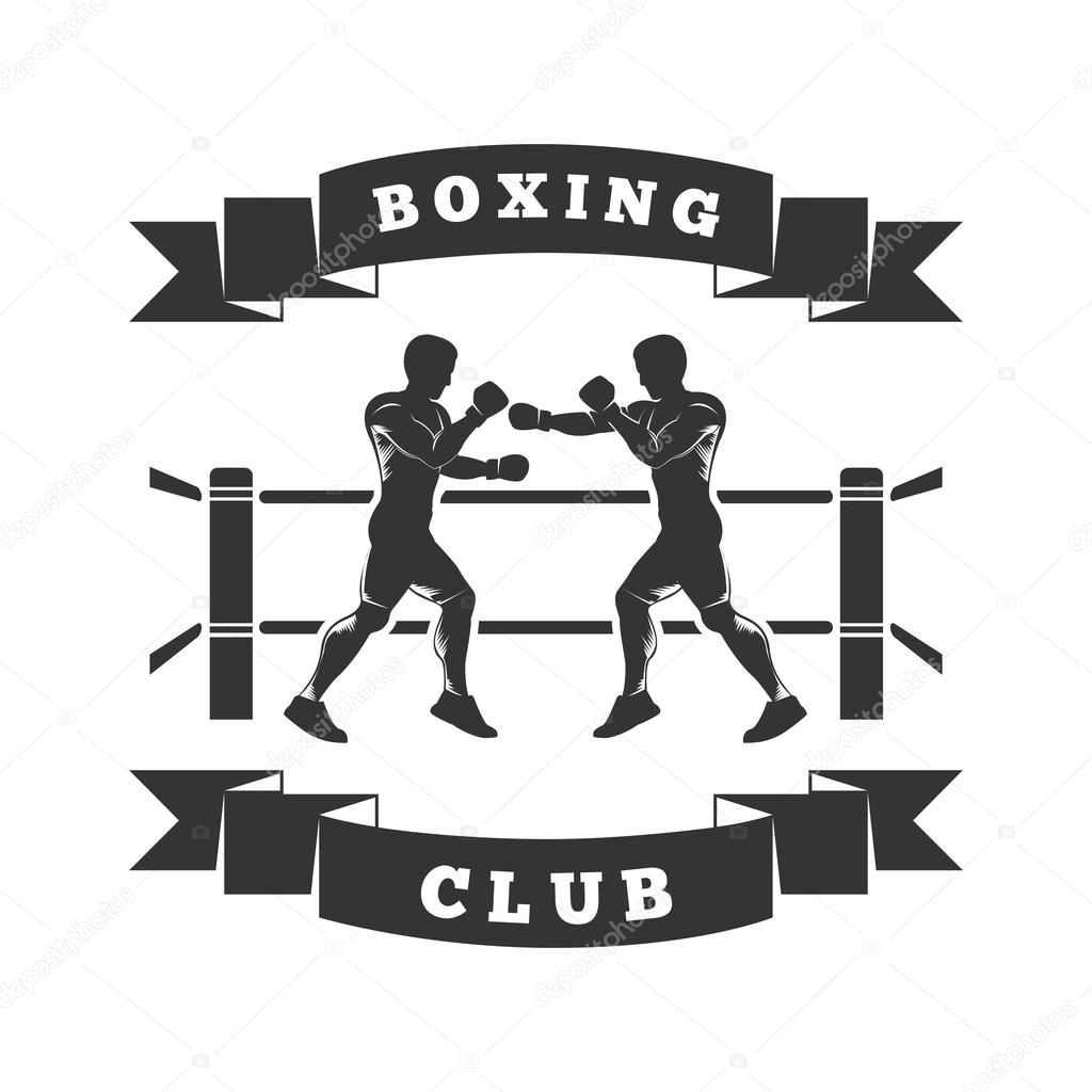 Two men are boxing in the ring. On the ribbon shows Boxing Club