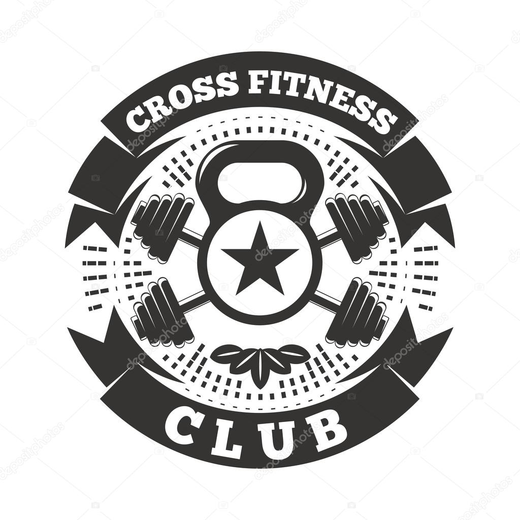 Logo with dumbbells and weights, at the center of the star. On the tape the words  Cross Fitness Club