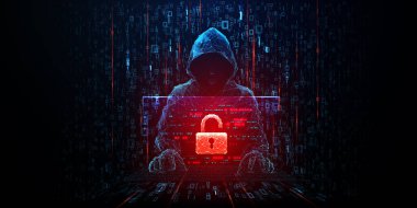 Siber güvenlik tehdidi konsepti ve bilgisayar korsanı silueti düşük polimerli. Karanlık dijital arkaplandaki kırmızı kilit simgesi çevrimiçi dolandırıcılığı ve siber saldırı tehlikesini sembolize ediyor. Vektör illüstrasyonu 