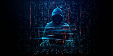 Düşük polimerli bilgisayar korsanı silueti, dijital dolandırıcılık ve siber tehditleri dramatik karanlık atmosferle çarpıcı bir şekilde gösteren Matrix tarzı ikili kod arkaplanından ortaya çıkar. Siber güvenlik kavramı