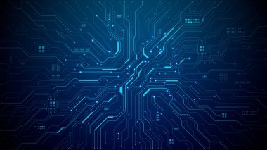 Koyu arkaplanda dijital çip elemanları ve teknoloji çizgileri olan mavi devre kartı deseni. Teknoloji kavramları için modern yarı iletken tasarımı. Dijital teknoloji vektör arkaplanı.