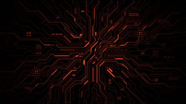 Kırmızı devre kartı arka planında parlak çizgiler ve teknolojik desenler var. Fütürist elektronik kavramlar ve yarı iletken teknoloji çizimleri için soyut dijital ağ tasarımı. Dijital vektör bg