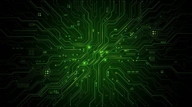 Karmaşık teknolojik şablonları ve dijital yolları olan yeşil devre kartı geçmişi modern teknoloji projeleri ve soyut elektronik tasarım kavramları için mükemmel. Dijital vektör illüstrasyonu