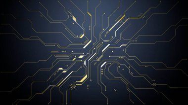 Karanlık zemin üzerinde karmaşık altın anakart deseni, dijital ağ hatları ile fütüristik yapay zeka teknolojisi konsepti, yenilikçi projeler için modern elektronik tasarım. Dijital vektör illüstrasyonu