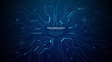Parlak mavi teknolojili devre arkaplanı ve karanlık yüzeyde dijital çip elemanları var. Metin kaplaması için mükemmel bir alan. Dijital teknoloji vektör arkaplanı.