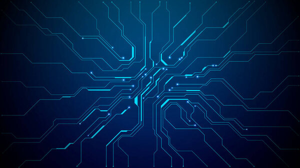 Dark semiconductor motherboard with glowing electric patterns. Futuristic digital network design showcasing microchip elements and cyber connections. Digital technology vector background.