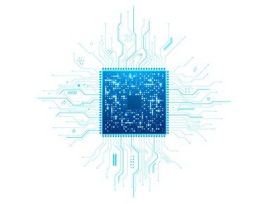 Şeffaf bir arkaplanda parlak kablolarla izole edilmiş bir mikroçip. Parlak mavi elektronik yolları ve karmaşık donanım detaylarıyla donatılmış yüksek teknoloji işlemci. Dijital vektör illüstrasyonu.