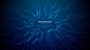 Parlak elektronik yolları ve koyu mavi teknolojik yüzeyde mikroçip elementleri olan soyut yarı iletken desen, afişler için idealdir. Dijital teknoloji vektör arkaplanı.