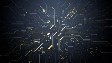 Karmaşık şablonları olan altın devre kartı, yapay zeka teknolojisi konsepti, teknolojik yenilik projeleri için gelecekteki dijital ağ tasarımı. Dijital vektör illüstrasyonu