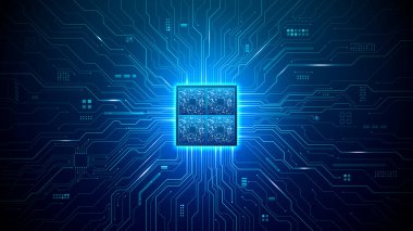 Gelişmiş yarı iletken teknolojisi karmaşık çip devreleri ve yapay zeka destekli mikroçip mimarisi fütüristik teknoloji arka planında karmaşık dijital kalıplar oluşturuyor. Dijital mavi teknoloji arkaplanı
