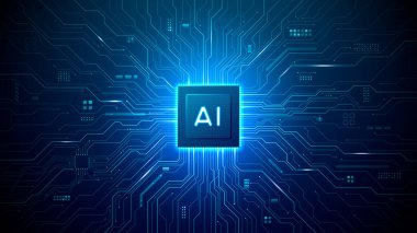 Parlak izleri olan yapay zeka devresi fütüristik mikroçip mimarisi oluşturarak gelişmiş çip teknolojisini ve dijital istihbarat sistemlerini mavi tonlarda sergiliyor. Dijital mavi teknoloji bg