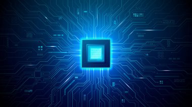 Merkezi işlemciden yayılan devre yollarını gösteren modern mikroçip tasarımı soyut dijital arkaplanda gelişmiş yapay zeka yarı iletken ağı yaratıyor. Dijital mavi teknoloji arkaplanı.