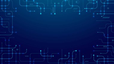 Yapay zeka sunumları ve teknoloji kavramları için fütüristik bir ağ tasarımı yaratan devre şablonları ve dijital veri çizgilerine sahip soyut teknoloji arkaplanı.