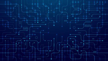 Teknoloji geçmişi. Devre kartı. Koyu mavi bir kapakta yapay zeka çipi, kablolar ve elektronik bileşenler. Soyut teknoloji modeli. Yapay Zeka ve Makine Öğrenme. Dijital vektör illüstrasyonu