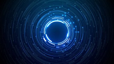 Devre arkaplanındaki parlak neon dairesel HUD elemanı. Parlayan yapay zeka portalı teknolojisi ve dijital işlemci kalıplarıyla gelecekçi çip tasarımı. Teknolojik dijital çerçeve. Vektör bg