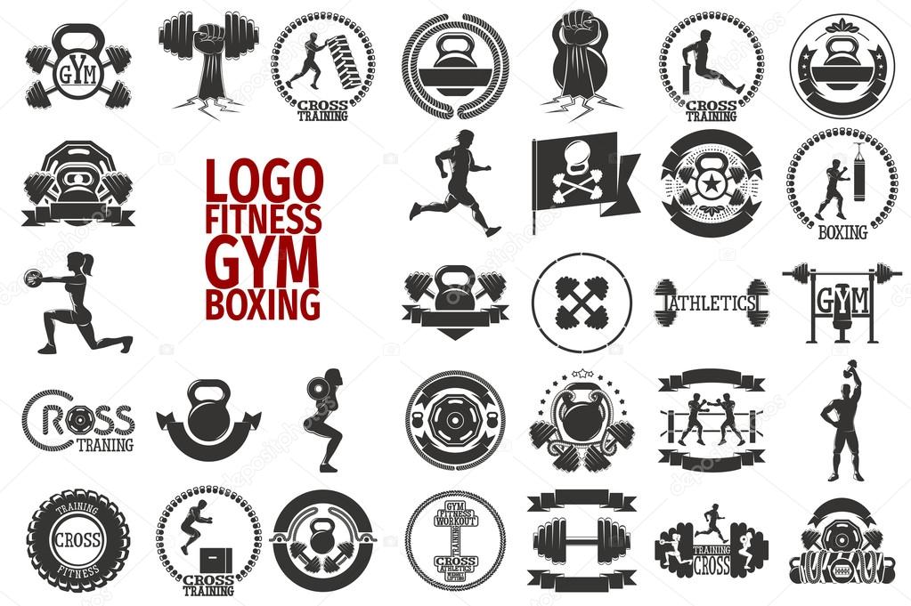 Big gym, fitness, cross and boxing silhouette icons. Set of monochrome fitness emblems, labels, badges, logos and designed elements