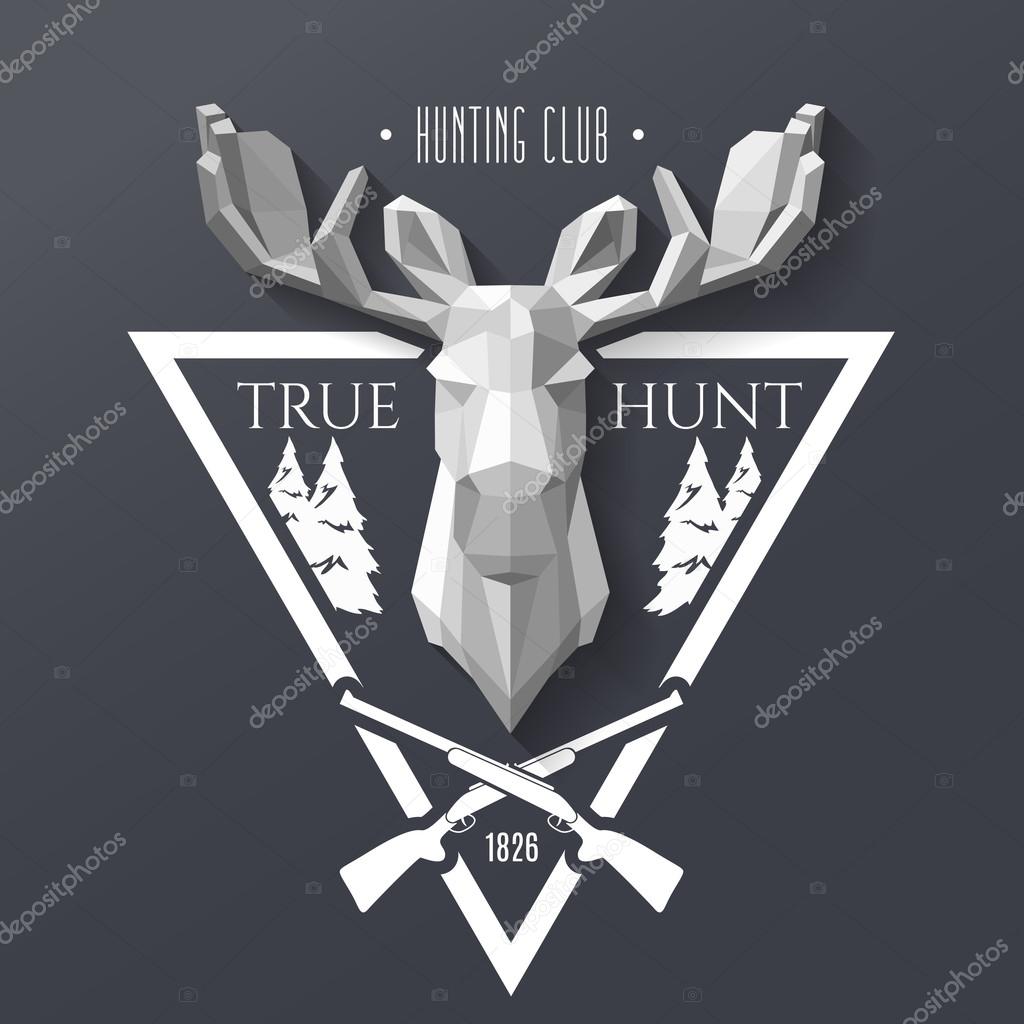 Hunt club logo with hand of elk in the center of label. Polygonal elk and design elements. True hunt logo. Vector illustration