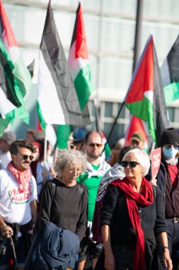 Gaza pro Palestine protest march at Kirchberg in Luxembourg city, Europe, solidarity demonstration, Israel and middle east war, palestinian flag, september 29th 2025
