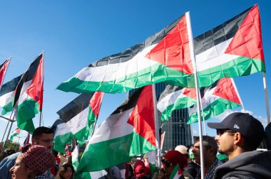 Gaza pro Palestine protest march at Kirchberg in Luxembourg city, Europe, solidarity demonstration, Israel and middle east war, palestinian flag, september 29th 2025