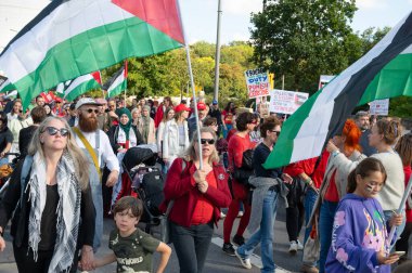 Gaza pro Palestine protest march at Kirchberg in Luxembourg city, Europe, solidarity demonstration, Israel and middle east war, palestinian flag, september 29th 2025