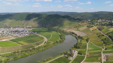 Trittenheim, Mosel Nehri 'nin döngü halinde Moselle Vadisi, hava manzaralı, sarmaşıkta yetişen şarap, üzüm bağı manzarası ve tarım, Almanya