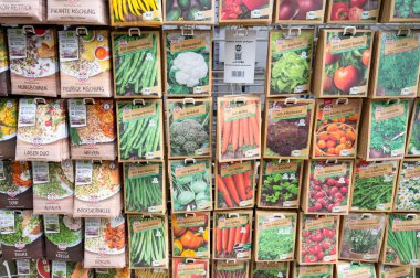 Sebze tohumları, vitrin, brokoli, karnabahar, domates ve fasulye yetiştirme, baharda ekme, Trier, Almanya, 13 Şubat 2026