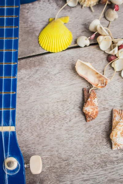 Ukulele and shells on  floor. — Stock Photo, Image