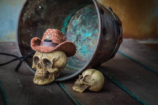 Calavera en un cubo de agua en la vieja madera —  Fotos de Stock