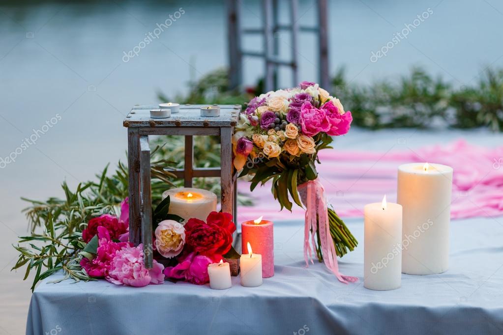 Beautiful Delicate Bridal Bouquet Among Decoration With Candles And Fresh Flowers Stock Photo Image By C Demy89 113305854