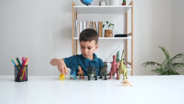 Miúdo Concentrado Brincar Com Dinossauros Casa Menino Aprendendo Paleontologia Por — Vídeo de Stock