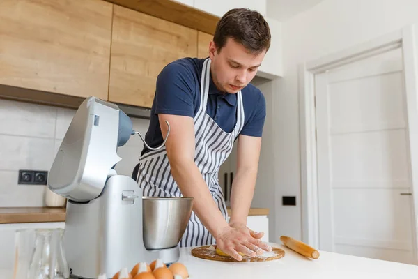 Young Handsome Man Apron Kneading Dough Modern Kitchen Concept Homemade — Stock Photo, Image