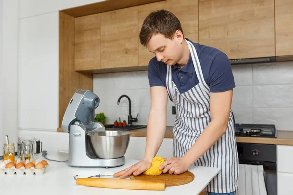 Young Handsome Man Apron Kneading Dough Modern Kitchen Concept Homemade — Stock Photo, Image