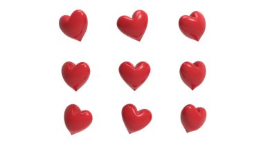 Sevgililer Günü projeleri için perspektifte 9 farklı pozisyona sahip 3 boyutlu parlak kırmızı kalp çizimi