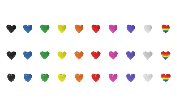 3d rendering of colorful hearts in bright red, pink, purple, white, black, blue, green, yellow, orange with 3 different positions in perspective for valentines day projects