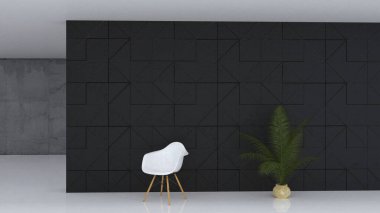 3D rendering of interior with white chair in living room with concrete wall and black wall with high relief design. Minimalist concept