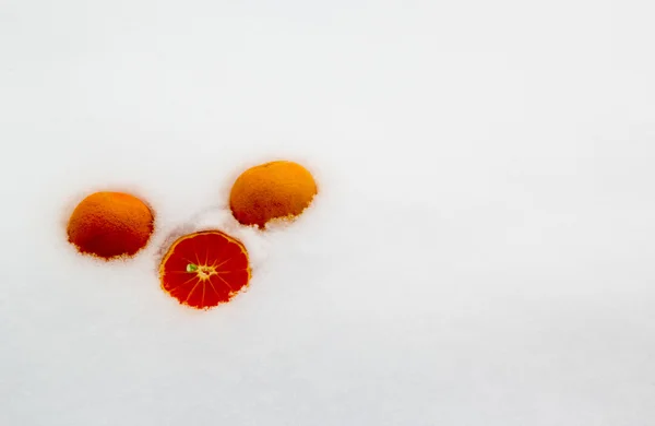 Tres mandarinas en la nieve —  Fotos de Stock