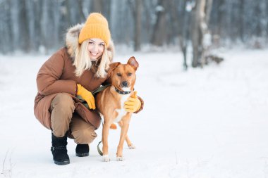 Kış ormanında kızıl kırma köpeği tutan kadın..