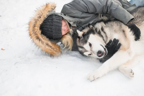 Malamute do Alasca mentindo e abraçando com a mulher na floresta de inverno. de perto. — Fotografia de Stock