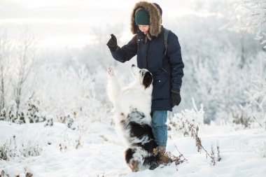 Avustralya çoban köpeği eğiten bir kadın..