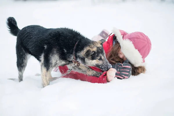 Menina caucasiana deitada e brincar com cão rafeiro na neve. inverno ao ar livre — Fotografia de Stock