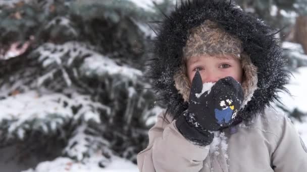 Little cute boy in winter hat with snowy face est snow — Stock Video