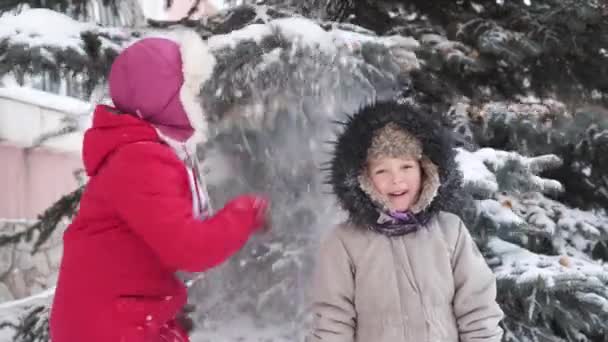 Piccolo ragazzo carino e ragazza in cappello invernale, giacca che gioca con la neve — Video Stock