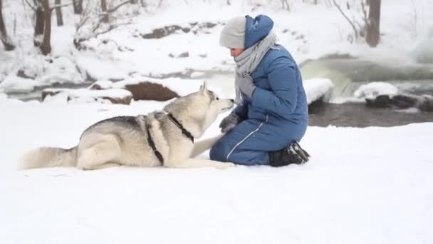 Белая женщина тренирует снежного сибирского хаски-дога зимой. Берег реки. — стоковое видео
